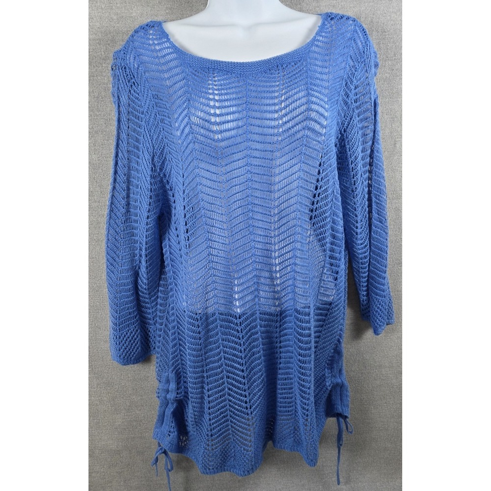 Chicos Size 2 Womens L Open Crochet Lily Pullover Tunic Coverup Holland Blue NEW